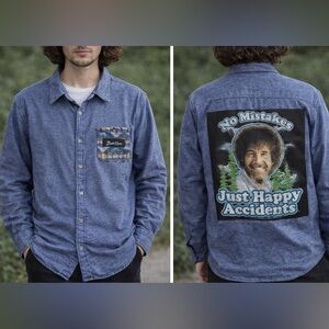 Custom Upcycled Bob Ross Graphic Tee On Hollister Button Down Shirt Size XL OOAK